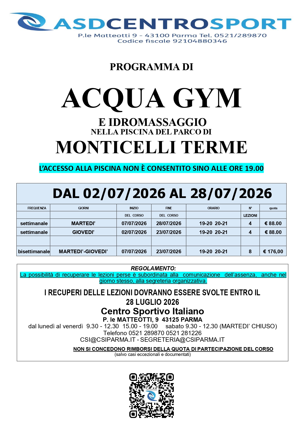 Programma del corso di Acquagym 2026 a Monticelli terme